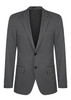 A grey jacket featuring a notch lapel, two front pockets, and a single chest pocket. It has a branded label inside.