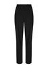 Black tailored trousers with a belt loop detail and a sleek, straight-leg design. Features a branding logo.
