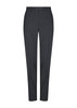 A pair of slim leg slacks in dark grey featuring a flat front and belt loops, with a logo on the waistband.