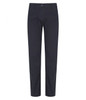 A pair of black chinos with a button and logo on the waistband, featuring straight legs and pockets.