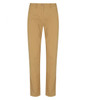 A pair of tan chinos featuring a straight-leg design and a button closure, with a logo on the waistband.