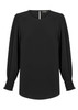 A black blouse with a round neckline, puffed long sleeves, and shirred cuffs. It features a keyhole detail at the back.