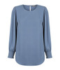 A blue blouse with shirred cuffs and a round neckline, featuring long sleeves and a back keyhole detail.
