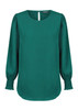 A green top with a round neckline and shirred cuffs, featuring puffed sleeves and a back keyhole detail.