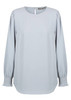 A light blue blouse featuring shirred cuffs and a rounded neckline, with a keyhole back detail.