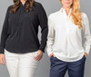 A black and a white Quinn 1/2 Placket shirt on models, featuring a collar and a relaxed fit. Both have logos.