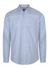 A light blue check button-up shirt with long sleeves and a chest pocket, featuring a logo on the label.