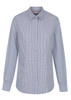 A button-up shirt featuring a blue and white check pattern, with long sleeves and a collar. It has a logo on it.