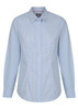 A button-up shirt in blue and white check pattern, featuring a collar and long sleeves. Includes a logo.