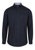 A button-up shirt in navy blue featuring a chest pocket and a logo.