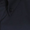A dark navy button-up shirt featuring a collar and a single button detail. The shirt has a branding logo.