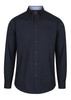 A dark navy button-up shirt with long sleeves and a collar, featuring a subtle texture and a logo.