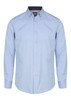 A light blue button-up shirt with a collar and long sleeves, featuring a branding logo.