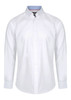 A white button-up shirt featuring a collar and long sleeves. It has a subtle contrasting detail at the collar and a logo.