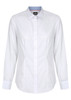 A white button-up shirt with a collar and long sleeves, featuring a branding label.