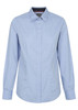 A light blue button-up shirt with a collar and long sleeves, featuring a logo on the chest.