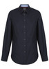 A button-up shirt in a dark navy colour with a classic collar and long sleeves, featuring a logo.