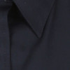 A dark navy button-up shirt with a pointed collar, featuring a logo.