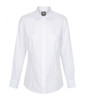 A button-up shirt in crisp white, featuring a classic collar and long sleeves, with a logo on the label.