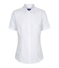 A white button-up shirt with short sleeves and a collared neck. The shirt features a fitted design and has branding.