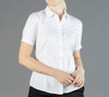 A short-sleeved button-up shirt in white, featuring a classic collar and a fitted design. The shirt has a logo.