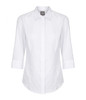 A white shirt with three-quarter sleeves and a collared neckline, featuring a button-up front and a small logo.