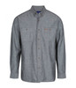 A long-sleeved grey work shirt featuring two chest pockets and a logo on the front.