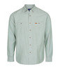 A light green long-sleeve work shirt with two chest pockets and a logo.