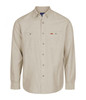 A beige work shirt featuring a button-down collar and two chest pockets. It has a logo on the chest.