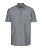 A short-sleeved work shirt in grey with two chest pockets and a logo. Suitable for various work environments.