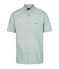 A light green, short-sleeved work shirt features button details and a logo. Two chest pockets are included.