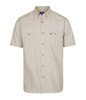 A short-sleeved work shirt in a light beige colour with two chest pockets and a logo.
