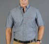 A grey short-sleeved work shirt with a collar, featuring two chest pockets and a logo on the front.