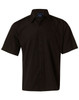 A black short sleeve button-up business shirt with a pocket and a collar, featuring a logo.