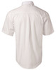 A white men's poplin short sleeve business shirt with a classic back design and a logo.
