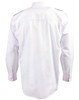 A white long sleeve button-up shirt featuring epaulette details and a back yoke. The shirt has a logo.