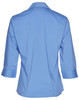 A back view of a blue women's Teflon executive 3/4 sleeve button-up shirt with a collar and rolled sleeves.