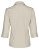 A beige women's button-up shirt with three-quarter sleeves, featuring a back view and a logo at the collar.