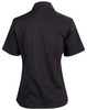 A black short sleeve button-up shirt with a fitted design and a collar, featuring a logo on the side.