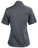 A dark grey short sleeve button-up shirt with a fitted design and a collar, featuring a logo.