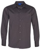 Men's long sleeve button-up shirt in dark grey with a chest pocket and a logo on the collar.