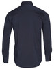 A navy blue long sleeve shirt with a button-up design and a logo on the back.