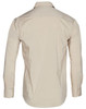 A beige long sleeve button-up shirt with a classic collar and cuffs, featuring a logo on the back.