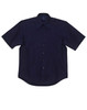 A navy button-up short sleeve shirt with a chest pocket and a logo. Features a classic collar and a relaxed fit.