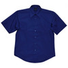 A navy short sleeve button-up shirt with a collar and one chest pocket, featuring a logo.