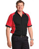 A button-up shirt featuring a tri-colour design in black, red, and white, with a logo on the chest.