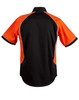 A black and orange button-up shirt featuring contrast stitching and a logo on the back. Short sleeves and a collar.