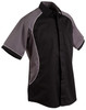 Men's tri-colour contrast button-up shirt featuring black and grey sections with white piping and a chest pocket.