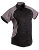 A women's button-up shirt in black and grey with contrast detailing, featuring short sleeves and a subtle logo.