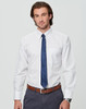 A white striped button-up shirt with long sleeves, featuring a chest pocket and paired with a blue tie.